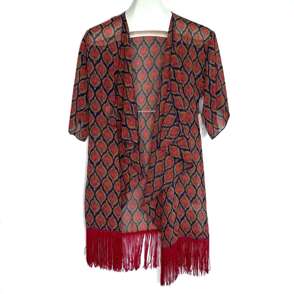 LULAROE Monroe Kimono Boho Print Red Blue Fringe Small (0-12)